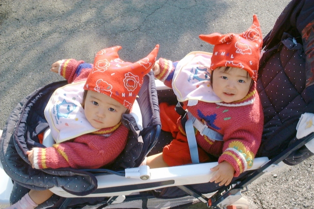 双子ベビーカーに乗る赤ちゃん